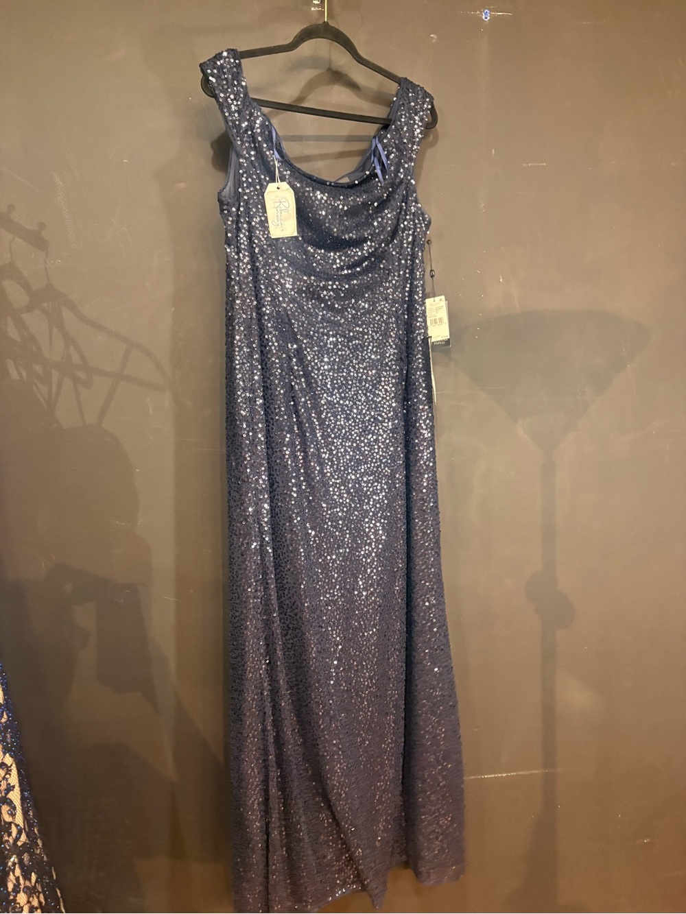 Adrianna Papell Navy Sequin Off-Shoulder Evening Gown - Picture 2 of 4